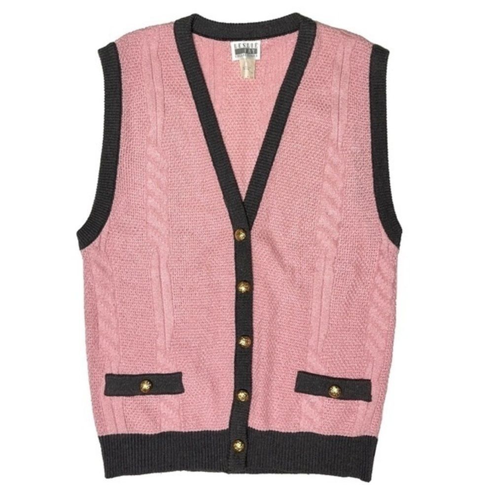 Vintage Pink Cable Knit Cottagecore Long Sweater Vest Button Up Leslie Fay 10